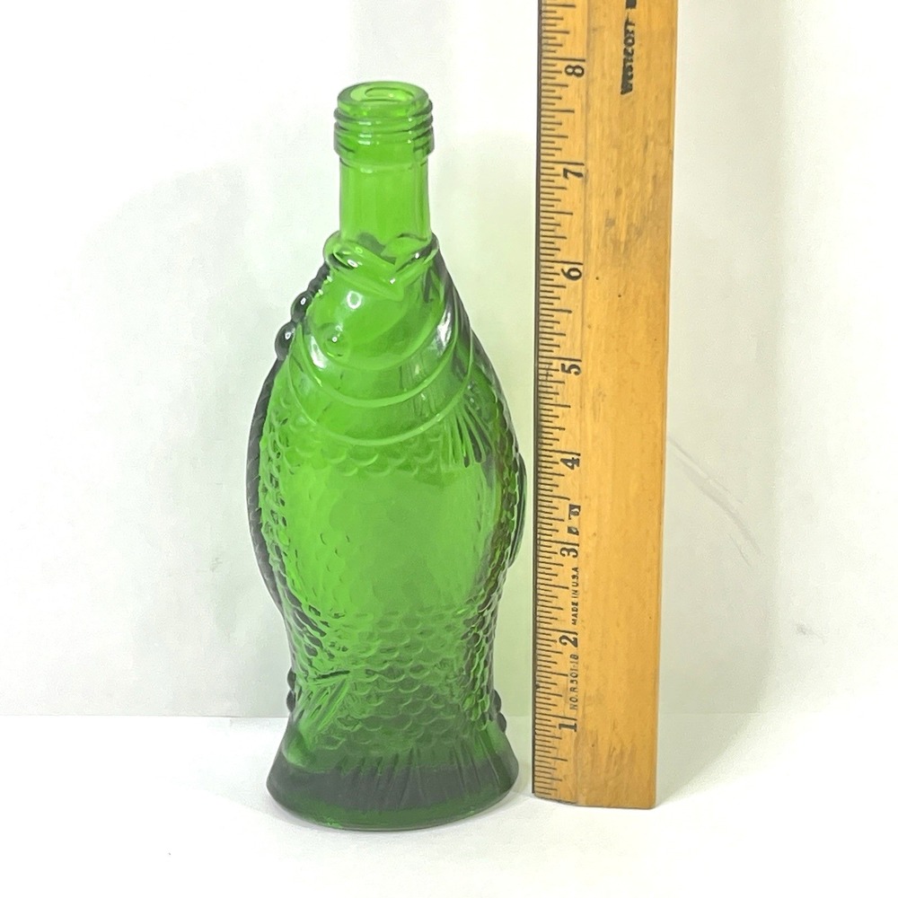 Small Vintage Green Glass Fish Shaped Wine Bottle Decanter Textured 7.5 In